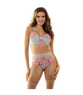 957643 Ensemble Soutien-Gorge Et Porte-Jarretelles Brodé Fleurs Rose S/M — Subblime | Folies Secrètes