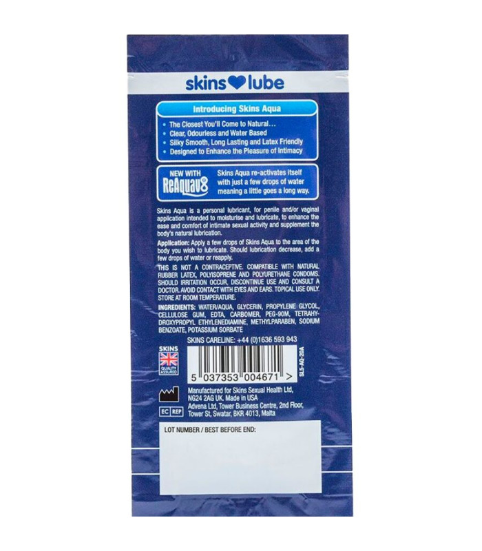 Skins Aqua Lubrifiant à base d'Eau Dose Unique | Folies Secrètes