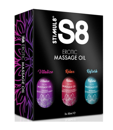 STIMUL8 S8, coffret huiles de massage 3×50 ml — vue ensemble
